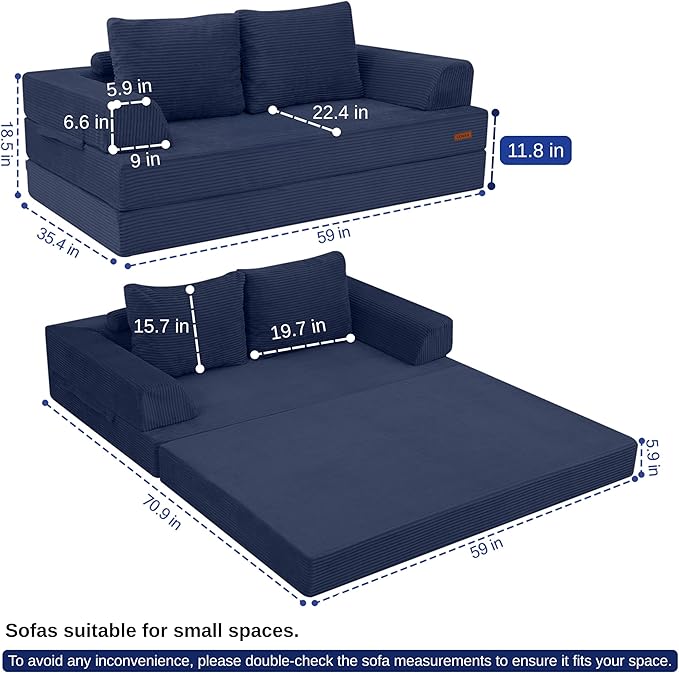 COMAX Convertible Sofa Bed, Folding Floor Couch Corduroy Fold Out Couch Bed Futon Sleeper Mattress with Pillows, Boneless Sofa Comfy Lounge Loveseat for Living Room Bedroom, Navy