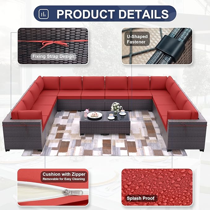 Kurapika 14 Pieces Patio Furniture Set, Rattan Wicker Outdoor Conversation Sets w/4 Inch Cushion and Glass Coffee Table(Red)