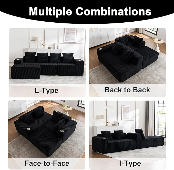 106" Modular Sectional Sofa, Modern Cloud L-Shape Couch with Ottoman Chaise, Comfy Deep Seat Chenille Boneless Couches for Living Room, No Assembly Required, Black