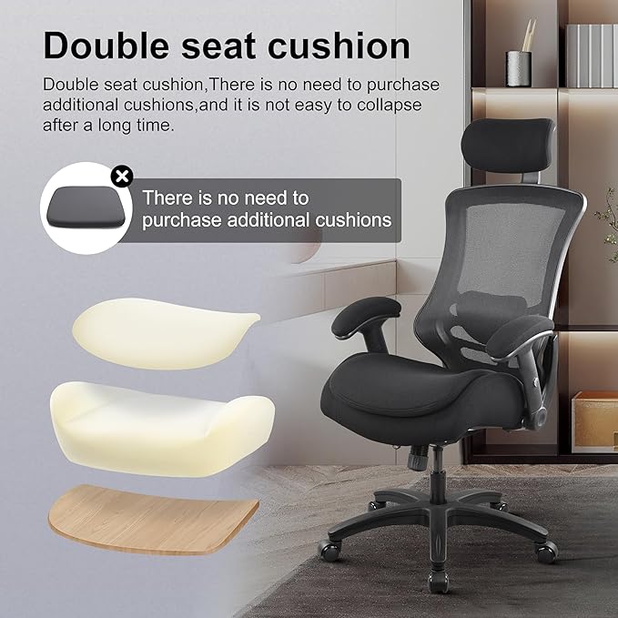 BOLISS Ergonomic Office Desk Chair with Headrest, Flip-up & Height Adjustable Arms, Wide Two-Layer Molded Foam Cushion, Adjustable Lumbar Cushion (Black)