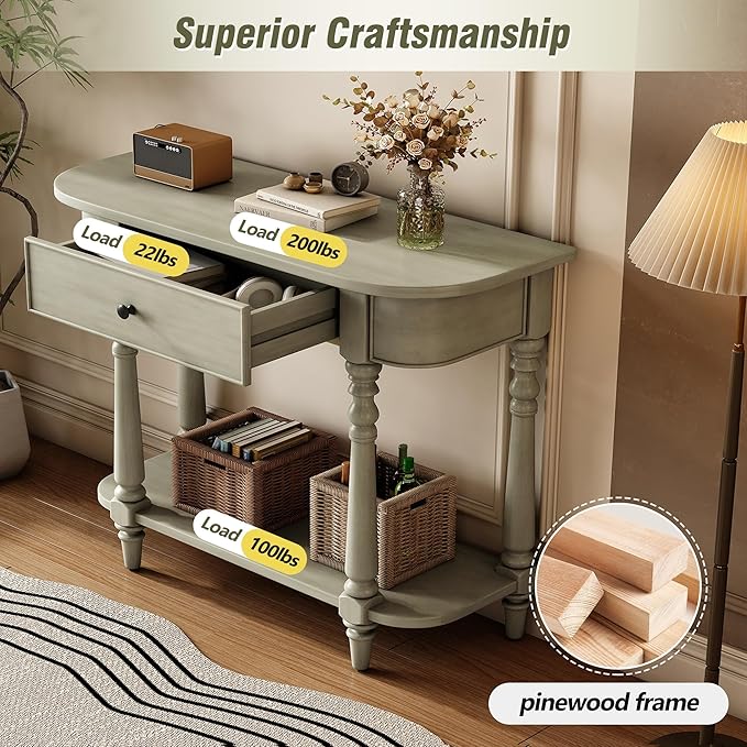 HMFULE Retro Curved Console Table, 36" Solid Wood Half Moon Console Table Sofa Table Entryway Table with 1 Drawer 1 Open Shelf Roman Legs Curved Corners for Living Room,Entryway,Hallway,Gray