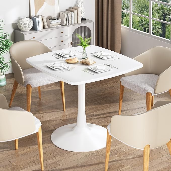 Recaceik Square Dining Table for 2-4 Person, 32 Inches Tulip Kitchen Table with Pedestal Base for Kitchen & Dining Room Table, Mid-Century Modern in Tulip Tables w/0.71" Thickened Desktop, White