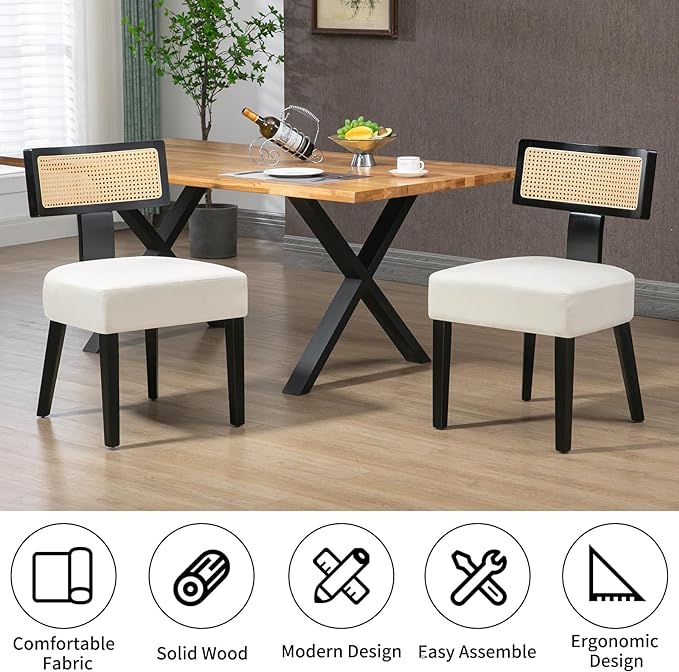 Rattan Dining Chairs Set of 4, Mid-Century Modern Fabric Upholstered Dining Room Chairs with Black Hardwood Frame, Curved Backrest Kitchen Chair Armless Accent Chairs for Dining Room (Cream)