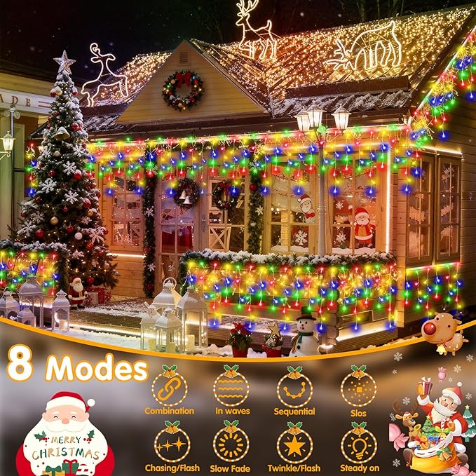 Hezbjiti 2Pack Total 800LED Ice Lights 33FT Christmas Lights String Lights Outdoor Decoration 8 Modes 150 Drops Fairy Lights for Eaves Party Yard Garden Xmas Decor（Multicolor）