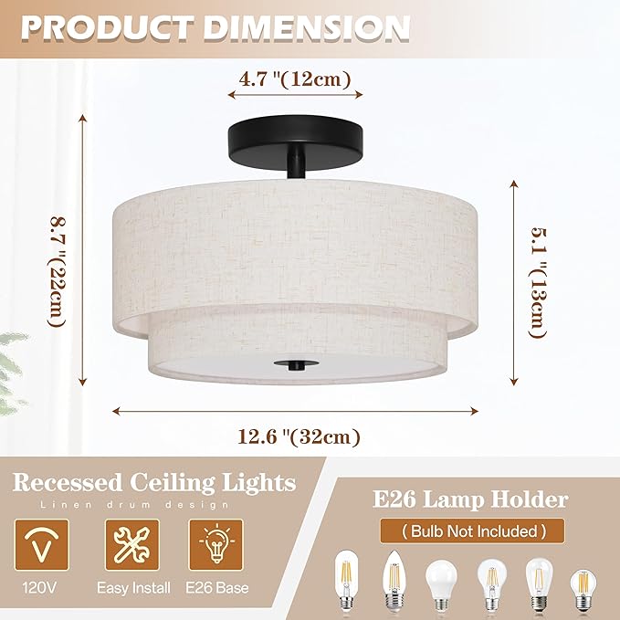 2 Light Semi Flush Mount Ceiling Light Fixture 12.6 Inch Modern Black Drum Ceiling Light Fixture with 2-Layer Fabric Shade Dimmable Close to Ceiling Light for Living Room Hallway Bedroom Entryway