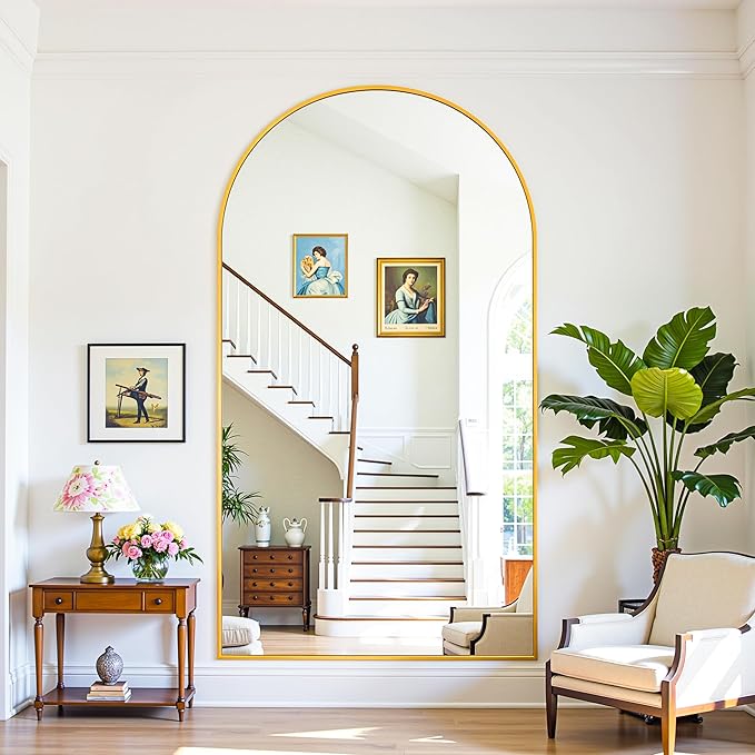 Full Length Mirror, 81"x41" Oversized Floor Mirror Freestanding, Full Body Mirror Floor Standing Mirrors with Stand, Hanging Mounted Mirrors for Bedroom Living Room, Gold, Arched Style