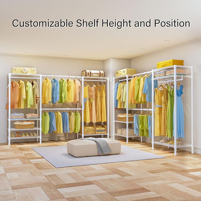 SEMHOR E06 Expandable Heavy Duty Clothes Rack for Reach-in Closet, Freestanding Clothing Racks with Shelves, Carbon Steel Closet Organizer System Adjustable from 70.8-93.9", Max Load 800LBS, White