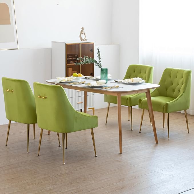 Modern Dining Chair Set of 4, Mid-Century Room Chair, Upholstered Comfortable Velvet with Back Pull Rod and Metal Legs for Kitchen, Living (Yellow-Green) (DYXSD)