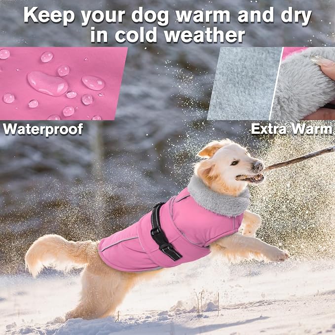 Lelepet Warm Dog Coat Reflective Fleece Vest Waterproof Dog Jacket with Adjustable Buckle Hook & Loop Windproof Cold Weather Coats for Small Medium Large Dogs, Pink, XL