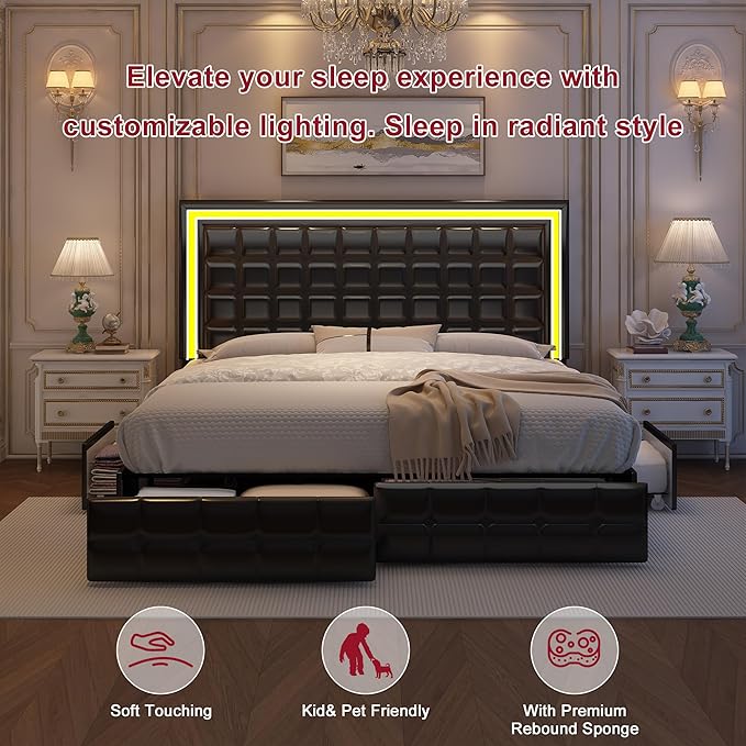 King LED Bed Frame with 4 Drawers, Bed Frame with Led Lights Adjustable Upholstered Headboard Platform Bed with Wooden Slats Support, No Box Spring Needed, PU Black