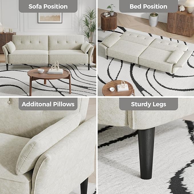 89” Futon Sofa Bed, Comfy Futon Couch Bed with 2 Square Pillows,Convertible Sleeper Sofa with Adjustable Backrest& Armrests, Modern Loveseat Sleeper for Living Room,Velvet Fabric White