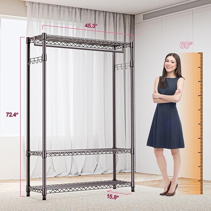 Heavy Duty Rolling Garment Rack 3 Tiers Adjustable Wire Shelving Clothes Rack with 1 Rods and Side Hooks,Storage Closet Clothing Rack Grey 15.7" D x 45.3" W x 72.4" H