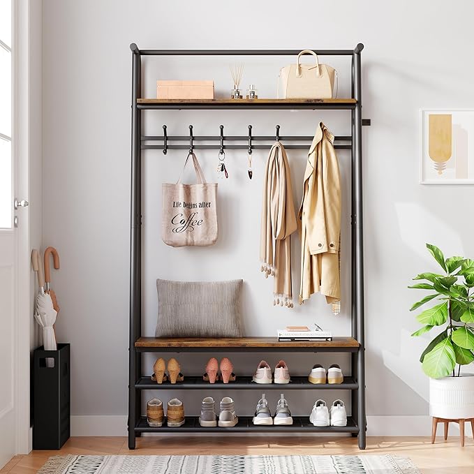 MDF Hall Tree with Bench, 4-in-1 Entryway Coat Rack with Storage Shelf & Shoe Organizer, Sturdy Freestanding Furniture for Living Room, Bedroom, Mudroom