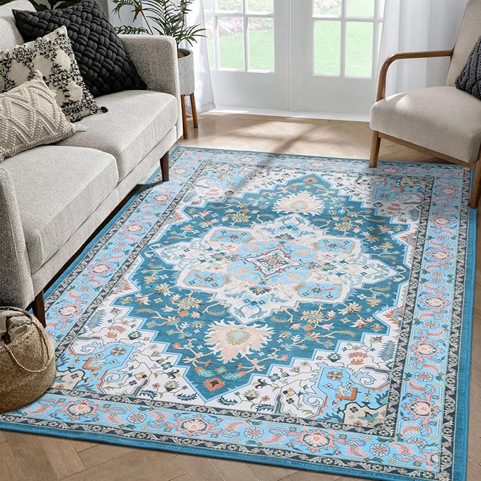 WILLSUN Washable Area Rugs, 4x6 Non-Slip Boho Large Area Rugs for Living Room, Bedroom, Machine Washable Vintage Rug, Indoor Floral Print Carpet for Home Decor, Kid & Pet Friendly Mat