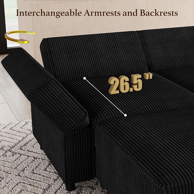 114.2" 5 Seater Modular Sofa with Deep Storage Seat,Corduroy Convertible L Shaped Sectional Couch,Modular Couch with Movable Ottoman Chaise,Upholstered Sectional Couches for Living Room,Black