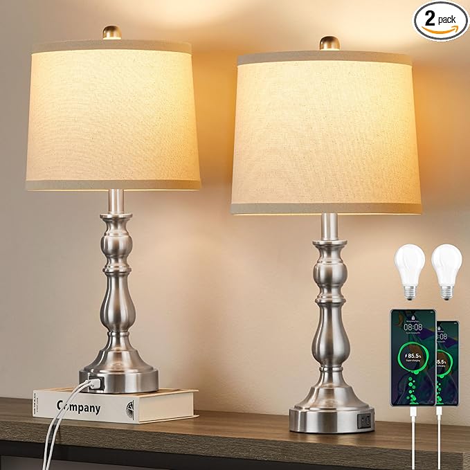 Farmhouse Side Table Lamps for Living Room Set of 2 with USB C+A Ports, Bedside Lamp for Bedroom, Dining Room Decor, Office, End Table, Knob Switch, 3 Color Temperatures, Bulb Included, Silver