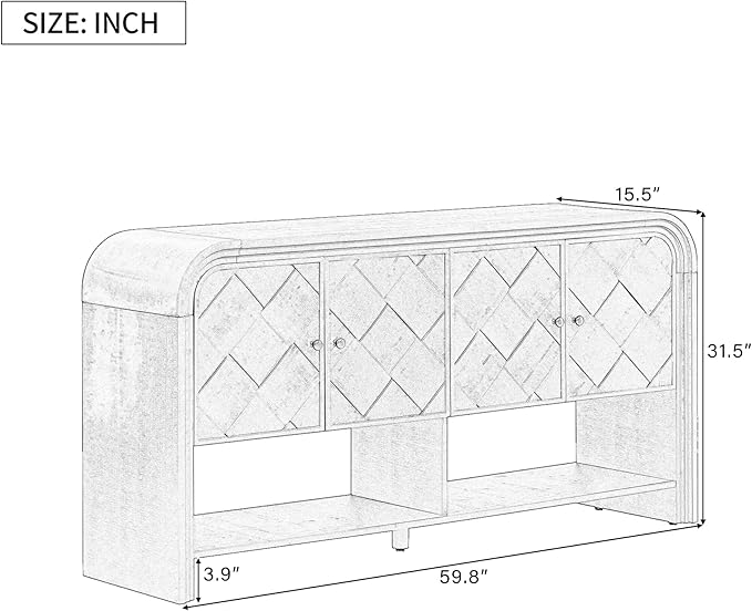 60'' Curved Sideboard with 4 Doors and Bottom Shelf, Versatile Wooden Accent Storage Cabinet Entryway Console Table for Hallway Living Room Dining Room (Beige-4.16)