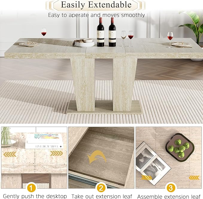 Goujxcy 5-Piece Extendable Dining Table Set for 4, 63-78 Inch Faux Travetine Kitchen Table Set with 4 Beige Upholstered Chairs Modern Wood Expandable Dining Room Table Set for Kitchen Apartment