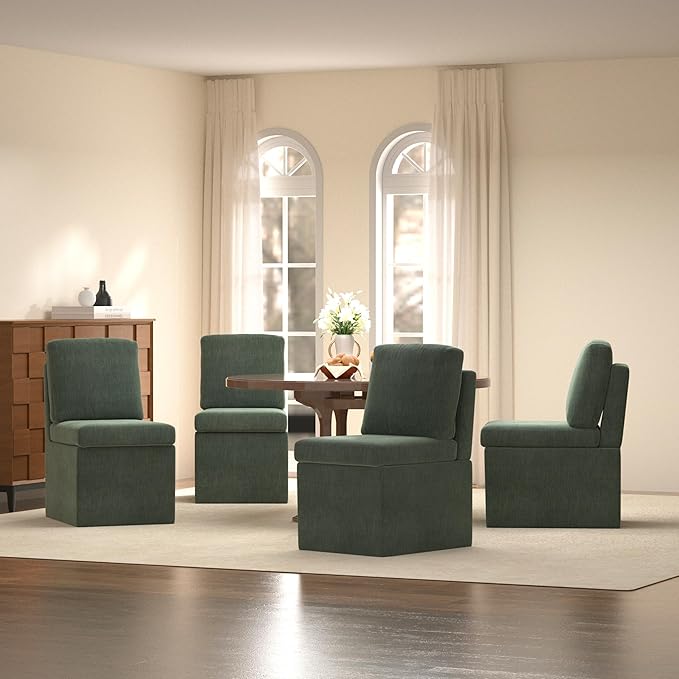 VKNOW Upholstered Dining Chairs Set of 4, Modern Kitchen Chairs with Storage, Linen Armchair Dining Room Chair for Kitchen Dining Room Office Bedroom, Green