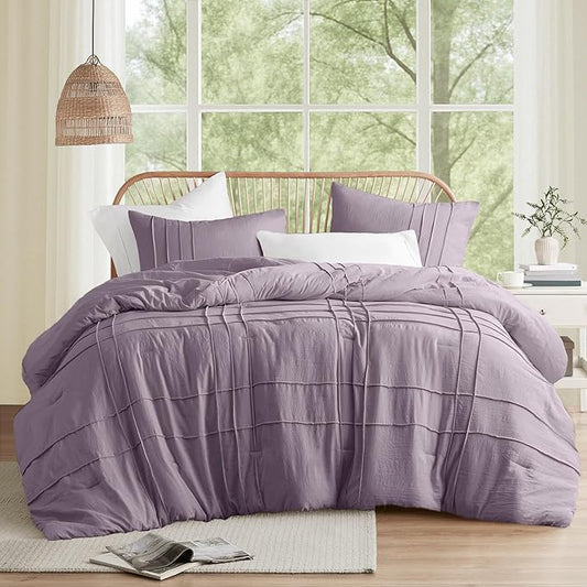 Comfort Spaces Purple Full Size Comforter Set - 3 Pieces Pintuck Pleated Bedding Sets, All Season Lightweight, Extra Softness Pre-Washed Microfiber Full Bed Set, Shams, Full