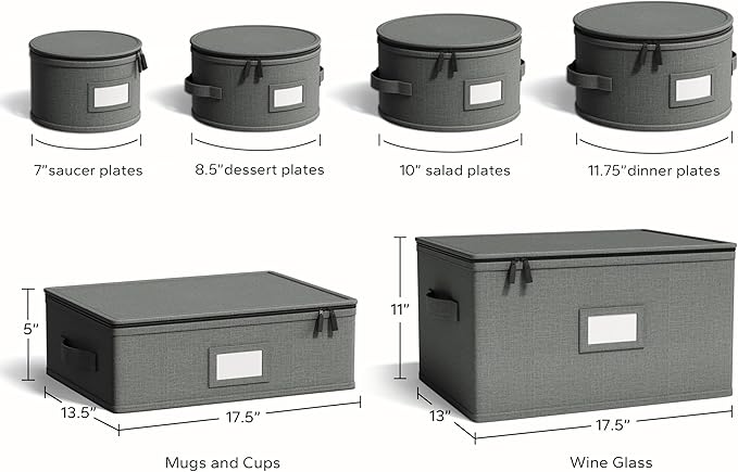 Hard Shell China Storage Containers – 6 Piece Set for Storing Dinner Plates, Salad Plates, Mugs, Quilted Dividers for Safe Moving and Seasonal Storage, Grey