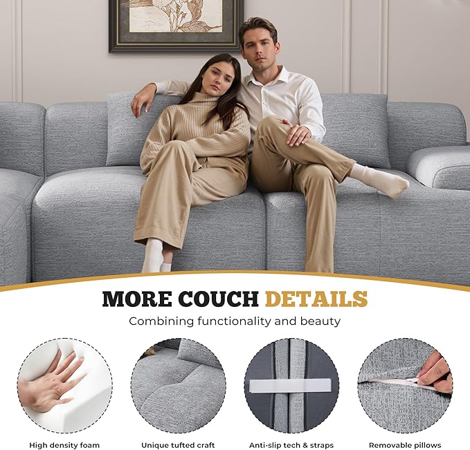 158" Modern U Shaped Modular Sectional Sofa, Boneless Couches for Living Room,6 Seater Convertible Chenille Cloud Couch Sofa Set, No Assembly Required, Light Grey 1 PCS