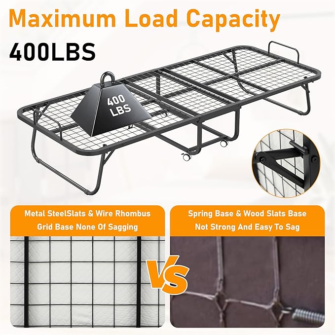 Folding Bed with Mattress, 75" x 31" Twin Size Rollaway Bed on Wheels, Foldable Metal Frame & Storage Pocket, Space-Saving Portable Cot for Adults, Home, Office, Apartment