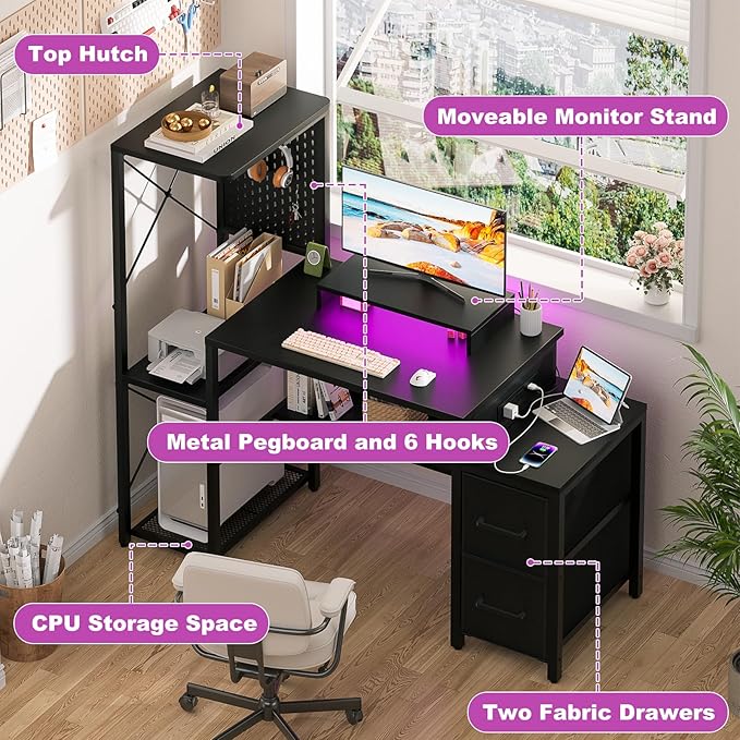 Small Gaming Desk with 2 Fabric Drawers - Reversible Computer Desk with Power Outlet & LED Lights, 49" Office Desk with Monitor Stand & Storage Shelves, Writing Study Table with Pegboard, Black