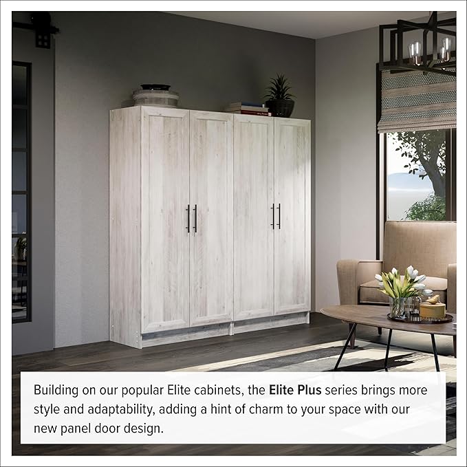 Prepac Elite Storage Accent Cabinet with Panel Doors, Rustic White Cupboard, Bathroom Cabinet, Pantry Storage with 3 Shelves 16.75" D x 32" W x 65" H