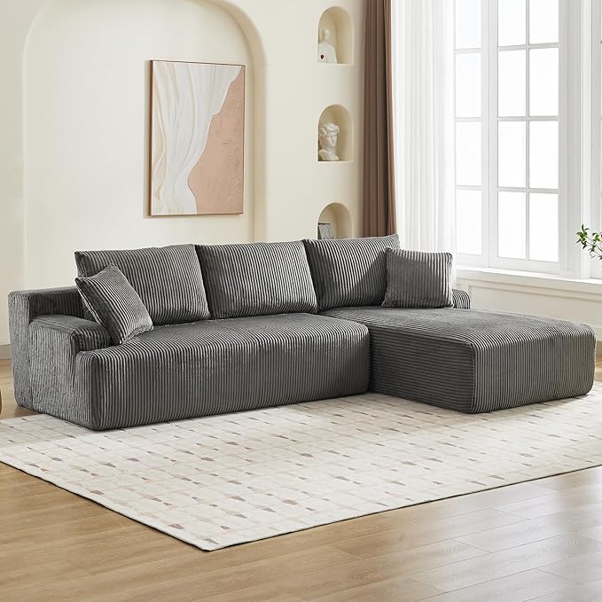 Sectional Cloud Couch for Living Room L Shaped Couch with 3 Seat Ind. Chaise Longue Corduroy Fabric Boneless Modular Modern Sofa with Pillows for Apartment and Small Space Grey