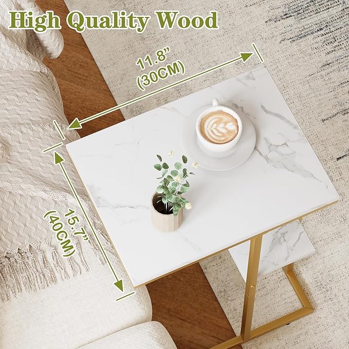 C Shaped End Side Table, Couch Sofa Table for Bed, Gold Snack Table with Metal Frame, TV Tray Table for Small Space, Living Room, Bedroom, Bedside(White Marble)