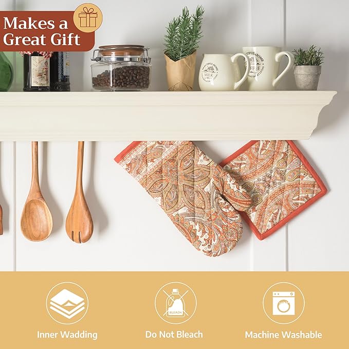 Maison d' Hermine 100% Cotton Oven Mitt & Pot Holder Set (7.5"x13" & 8"x8") Heat Resistant BBQ Cooking Gloves with Loop for Thanksgiving Christmas Decorations Handling Hot Pans (Kashmir Paisley)