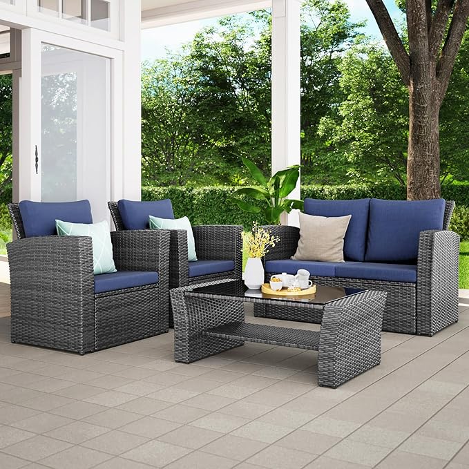 Wisteria Lane 4 Piece Patio Furniture Set, Wicker Outdoor Patio Conversation Furniture Set, All Weather Outdoor Patio Sofa with Cushion and Glass Table, Blue