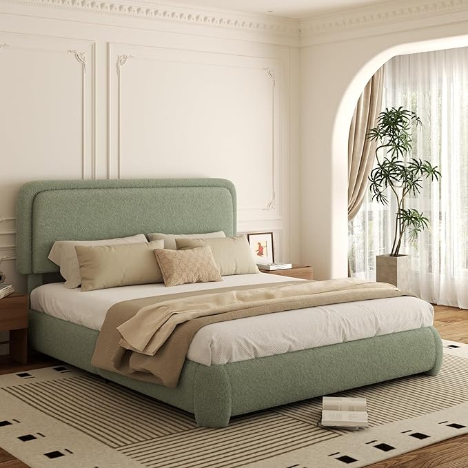 Queen Bed Frame, Teddy Velvet Boucle Bed Frame with 43.3"/45.3" Adjustable Upholstered Headboard, Rounded Corners, Mattress Foundation, No Box Spring Required, Green