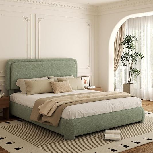Queen Bed Frame, Teddy Velvet Boucle Bed Frame with 43.3"/45.3" Adjustable Upholstered Headboard, Rounded Corners, Mattress Foundation, No Box Spring Required, Green
