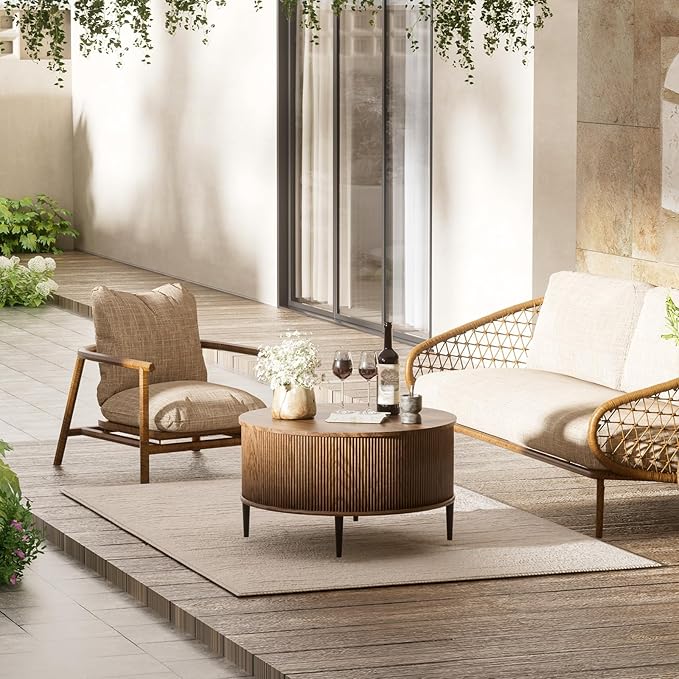 Yechen 31.5" Round Coffee Table with Storage,Fluted Lift Top Center Table, Midcentury Modern Flip-top Curved Table for Living Room,Walnut