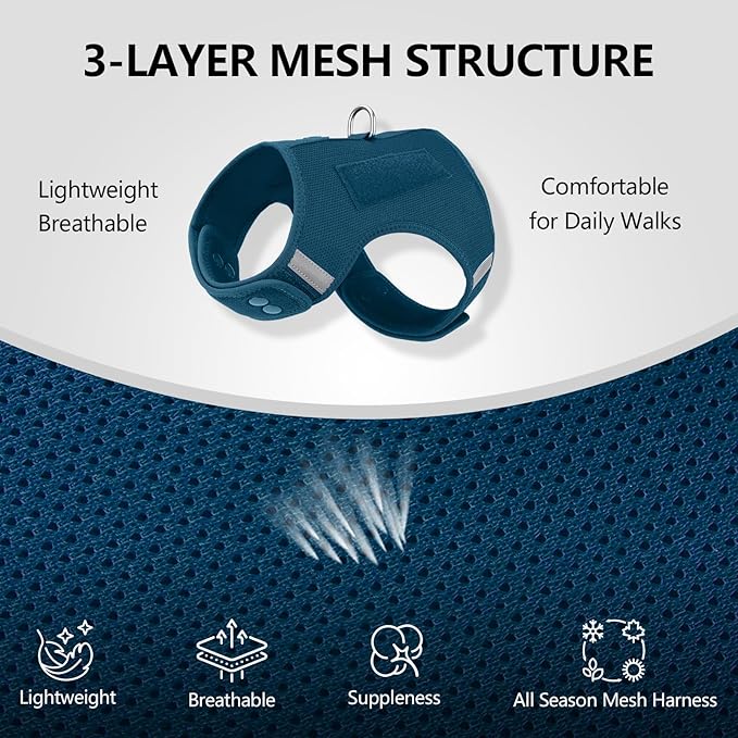 Dog Harness for Puppy – Adjustable Reflective Easy Put On Soft Mesh Vest for Small Dogs with 2 Patches (Prussian Blue,XS)
