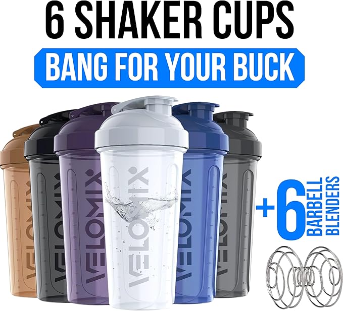 VELOMIX -6 PACK- 28 oz Protein Shaker Bottle for Protein Mixes - 6x Wire Whisk | Leak Proof Shaker Cups for Protein Shakes | Protein Shaker Bottle Pack | Protein Shake Cup (Elemental Mix)