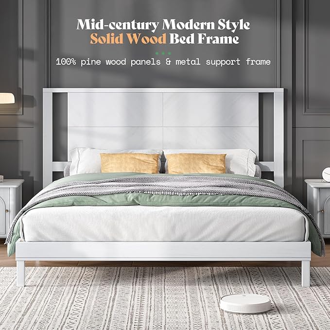 AMERLIFE Solid Wood King Size Bed Frame with Headboard, Mid Century Modern Style Platform Bed with Under-Bed Storage, No Box Spring Needed, Noise Free, Easy Assembly, Antique White