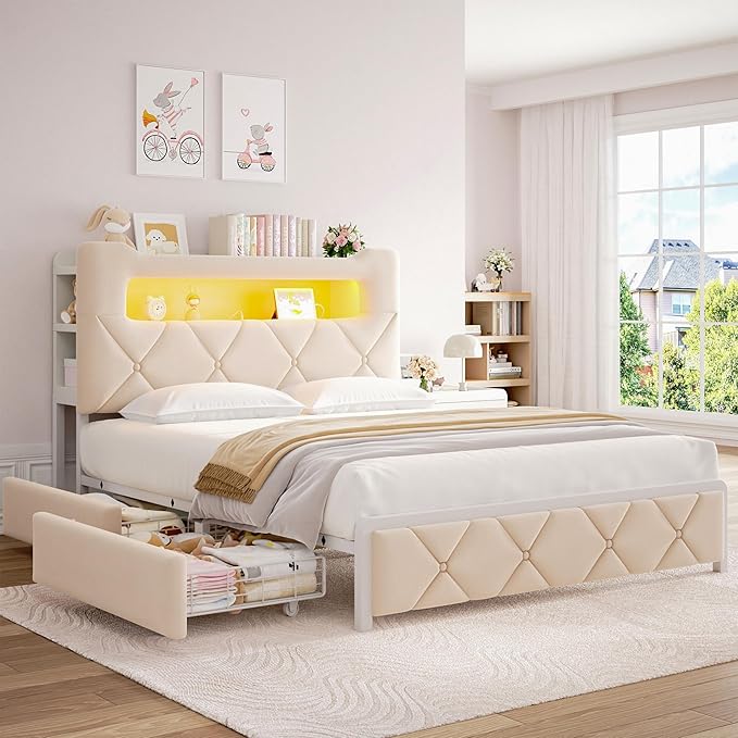 Queen Upholstered LED Bed Frame with 2 Storage Drawers and 2-Tier Storage Headboard,Velvet Princess Platform Bed with Charging Station&Bookcase,Heavy Duty Metal Support,No Box Spring Needed,Beige