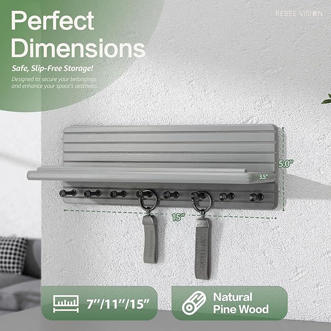 Rebee Vision Stylish Key Holder Wall Mount for Room Decor – Farmhouse Key Hanger with 8 Durable Hooks & Floating Shelf – Modern Hanger Organizer for Entryway, Living Room, or Office Decor (Gray)