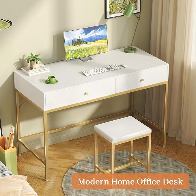 SUPERJARE 43-inch Modern White & Gold Desk - 2 Drawer Vanity, Computer & Home Office Study Desk for Writing & Bedroom