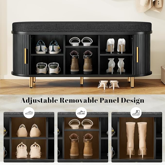 DHH Entryway Bench with Shoe Storage Fluted Shoe Storage Sliding Door and Adjustable Shelf with Cushion,2-Tier Shoe Rack Cabinet for Entryway, Bedroom, Living Room(Black)