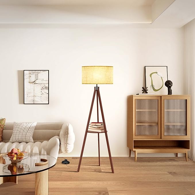 LEPOWER Tripod Floor Lamp, Mid Century Wood Standing Lamp, Modern Design Shelf Floor Lamp for Living Room, Bedroom, Office, Flaxen Linen Shade with E26 Base Brown