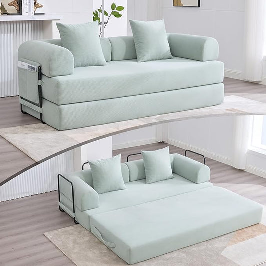 Convertible Sleeper Sofa Bed, Folding Floor Sofa Bed with Fixed-Shape Frame, Corduroy Floor Sleeper Sofa with Storage Pocket, Futon Boneless Sofa Couch for Living Room, Mint Blue