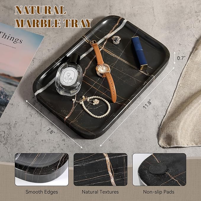 Koville Marble Tray, 12"x8" Marble Vanity Tray for Bathroom Kitchen Countertop, Rectangular Stone Tray for Cosmetics Perfume Trinket, Decorative Catchall Trays (Black)