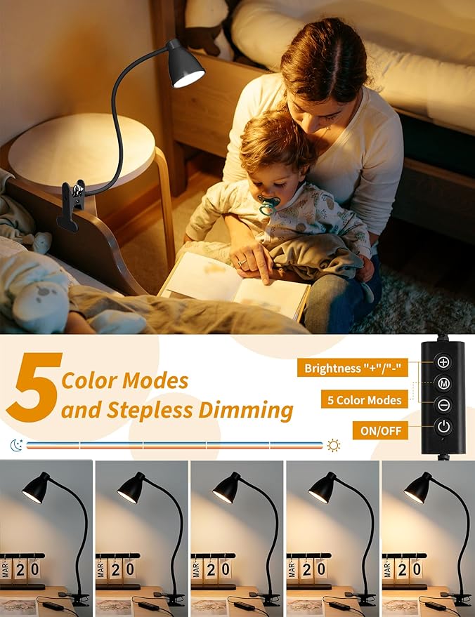 BOHON Desk Lamp 5 Color Modes 10 Brightness Dimmer Reading Light 10W 38 LED Clamp Lamp with Auto Off Timer 360° Flexible Neck Clip on Light for Bed Bedside, AC Adapter Include