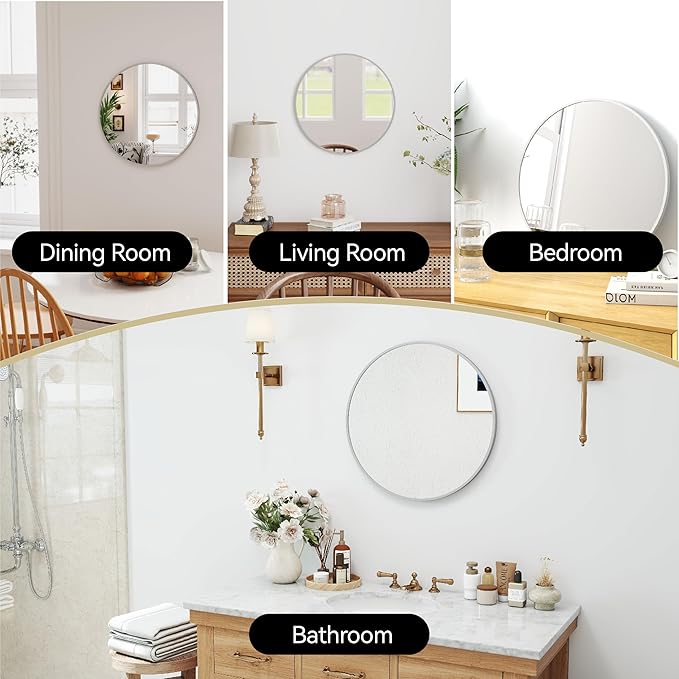 20" Round Mirror Circle Wall Mounted Hanging or Against Wall Metal Frame Dressing Make-up Mirrors for Entryway Bedroom Bathroom Living Room 20 inch Silver