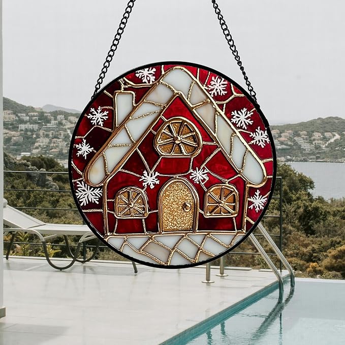 Stained Glass Window Hanging 4 Pcs Set Red Christmas Themed Decorations Large 11.8" - Suncatcher Door Garden Sun Catcher Decor Birthday New Year for Mom Woman Nana Men