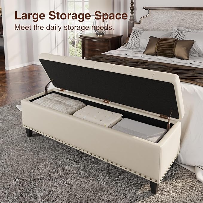 Storage Ottoman Bench,51-Inch Large Storage Bench for Bedroom End of Bed, 30 Gallons Faux Leather Ottoman with Storage for Bedroom, Living Room, Entryway, Cream White